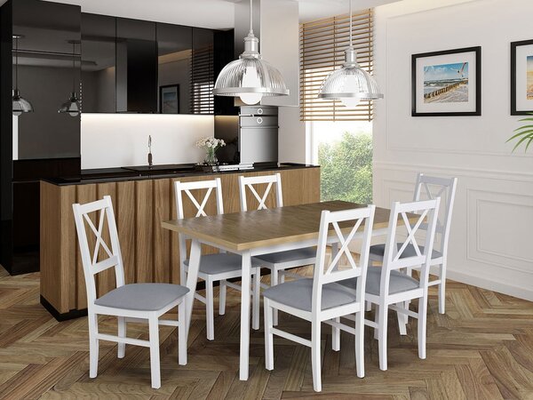 Mirjan24 Stôl so 6 stoličkami - AL43, Morenie: dub artisan L, Poťahové látky: 25x - Paros 2, Farby nožičiek: biela 5903211249327