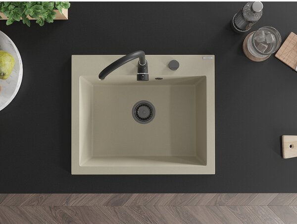 Mexen Elix, 1-korový granitový drez 600 x 500 mm, béžová, čierny sifón, 6525601005-69-B