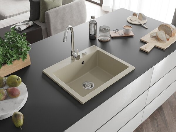 Mexen Elix, 1-korový granitový drez 600 x 500 mm, béžová, chrómový sifón, 6525601005-69