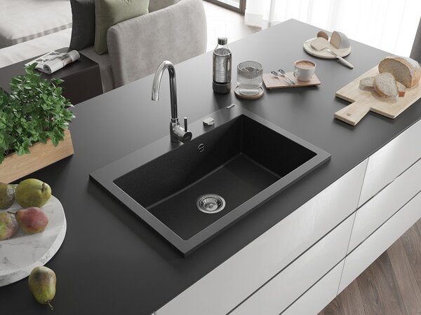 Mexen Elix, 1-korový granitový drez 700 x 500 mm, čierna/strieborná metalíza, chrómový sifón, 6526701005-73