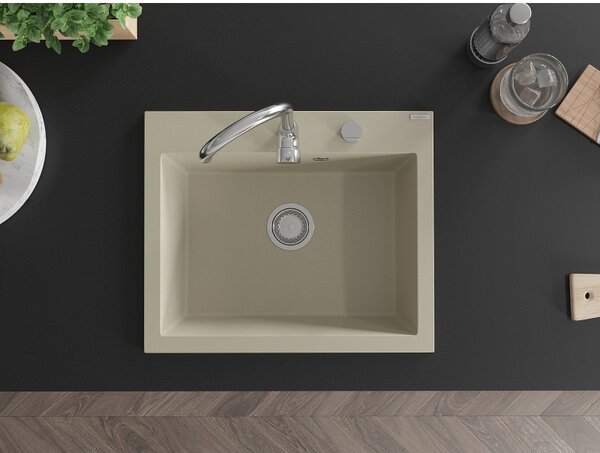 Mexen Elix, 1-korový granitový drez 600 x 500 mm, béžová, chrómový sifón, 6525601005-69