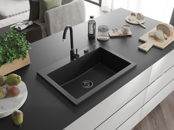 Mexen Elix, 1-korový granitový drez 700 x 500 mm, čierna/strieborná metalíza, čierny sifón, 6526701005-73-B