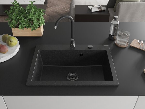 Mexen Elix, 1-korový granitový drez 700 x 500 mm, čierna/strieborná metalíza, čierny sifón, 6526701005-73-B