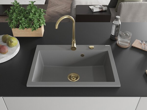 Mexen Elix, 1-korový granitový drez 700 x 500 mm, šedá, zlatý sifón, 6526701005-71-G