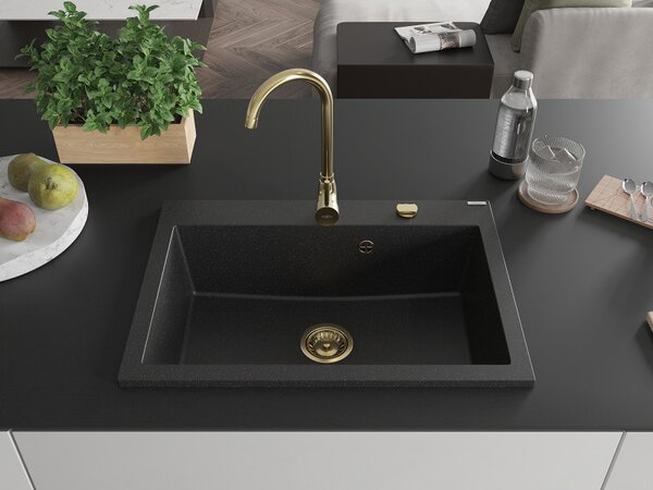 Mexen Elix, 1-korový granitový drez 700 x 500 mm, čierna/strieborná metalíza, zlatý sifón, 6526701005-73-G