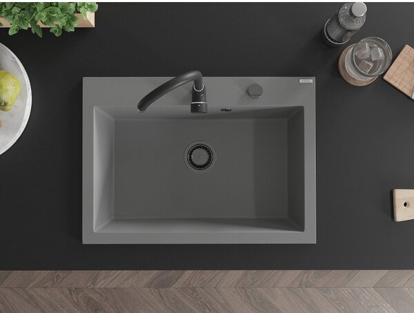 Mexen Elix, 1-korový granitový drez 700 x 500 mm, šedá, čierny sifón, 6526701005-71-B