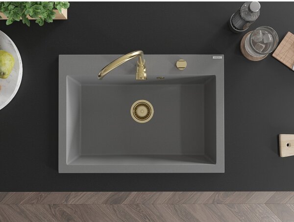 Mexen Elix, 1-korový granitový drez 700 x 500 mm, šedá, zlatý sifón, 6526701005-71-G