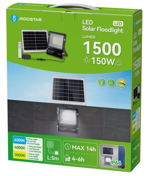 Aigostar-LED Solárny reflektor LED/150W/3,2V 3000mAh 3000K/4000K/6500K IP66 + diaľkové ovládanie