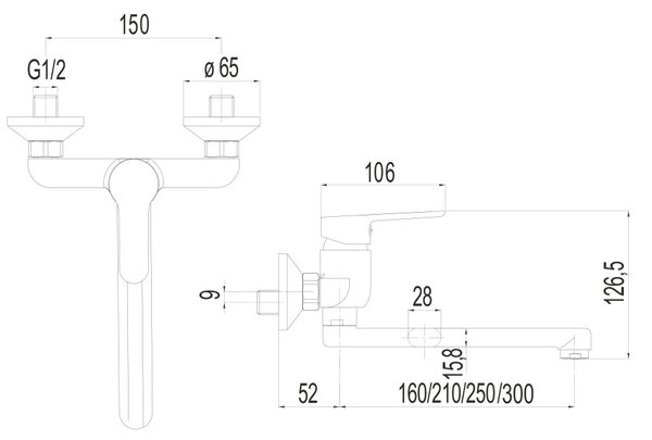 Mereo Mereo, Drezová nástenná batéria, Zuna, s ramienkom plochým rovným 210 mm, chróm, MER-CB302Z