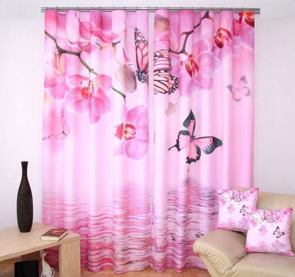 Krásny ružový záves na okná s orchideami a motýlikmi 3D Ružová