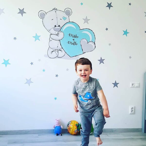 INSPIO-textilná prelepiteľná nálepka - Detské nálepky na stenu, modrý medveď s hviezdami a menom