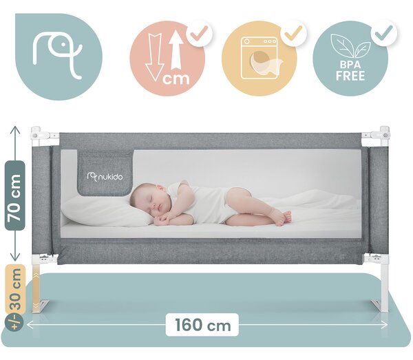 Bezpečnostná zábrana na posteľ so zámkom 160 cm Nukido NK-227 sivá
