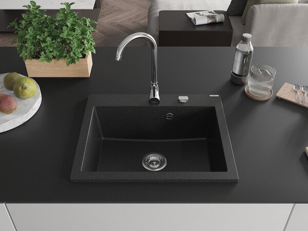 Mexen Eliz, 1-komorový granitový drez 600 x 500 mm, čierna/strieborná metalíza, chrómový sifón - 6525601005-73
