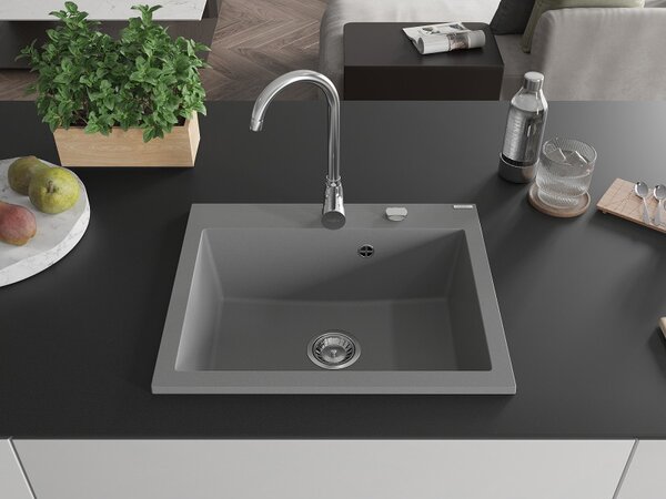 Mexen Elix, 1-komorový granitový drez 600 x 500 mm, sivý, chrómový sifón - 6525601005-71