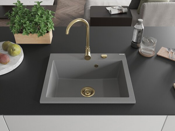 Mexen Elix, 1-komorový granitový drez 600 x 500 mm, sivý, zlatý sifón - 6525601005-71-G