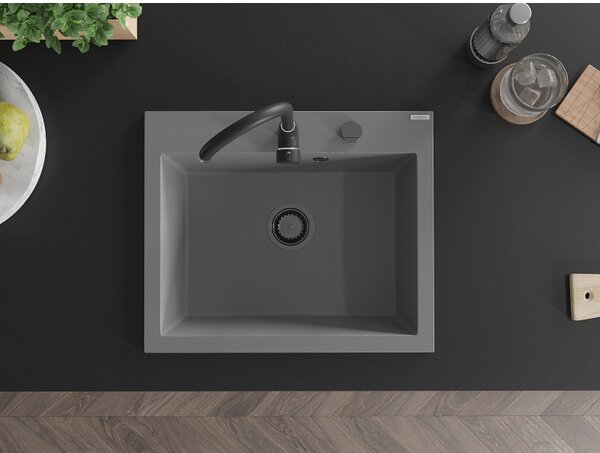 Mexen Elix, 1-komorový granitový drez 600 x 500 mm, sivý, čierny sifón - 6525601005-71-B