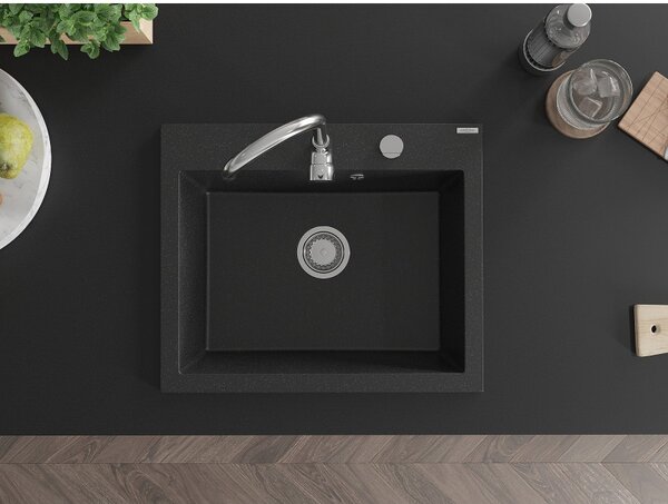Mexen Eliz, 1-komorový granitový drez 600 x 500 mm, čierna/strieborná metalíza, chrómový sifón - 6525601005-73