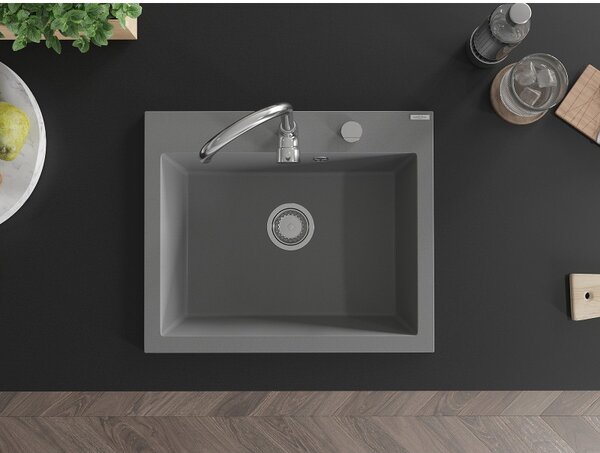 Mexen Elix, 1-komorový granitový drez 600 x 500 mm, sivý, chrómový sifón - 6525601005-71