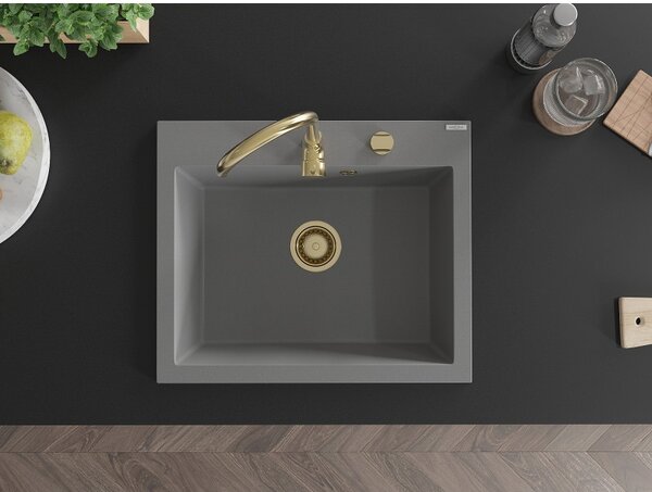 Mexen Elix, 1-komorový granitový drez 600 x 500 mm, sivý, zlatý sifón - 6525601005-71-G