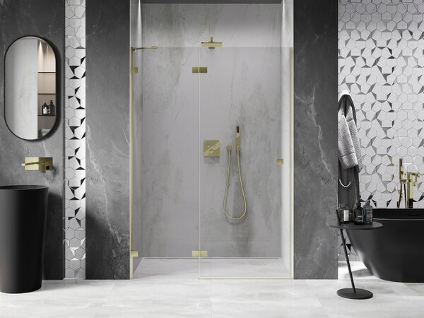 Mexen, Mexen Lunar ľavé výklopné sprchové dvere 130 cm, transparentné, brúsené zlaté - 834-130-000-55-00-L