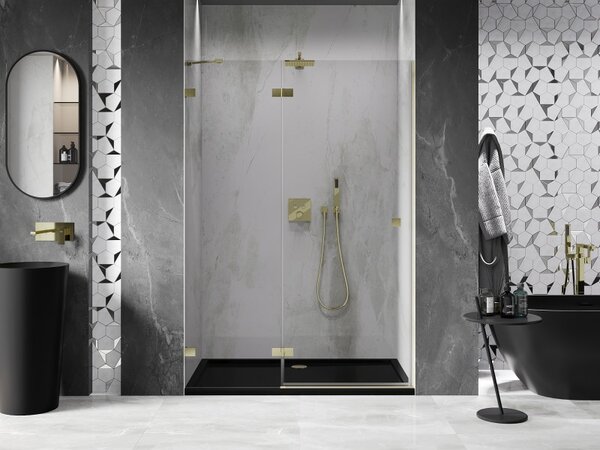 Mexen, Mexen Lunar ľavé výklopné sprchové dvere 130 cm, transparentné, brúsené zlaté - 834-130-000-55-00-L