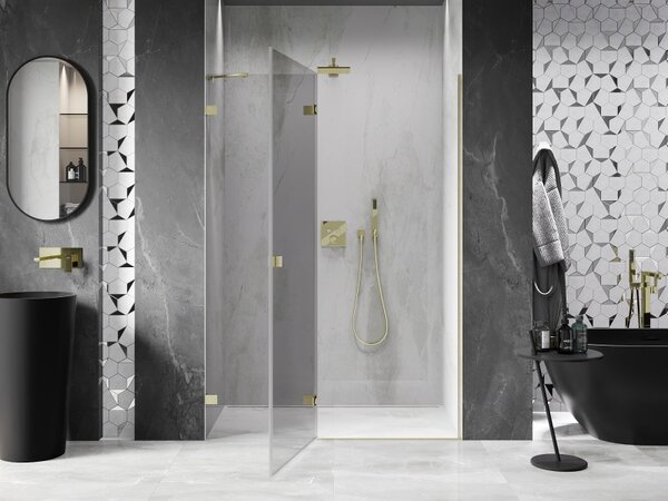 Mexen, Mexen Lunar ľavé výklopné sprchové dvere 130 cm, transparentné, brúsené zlaté - 834-130-000-55-00-L