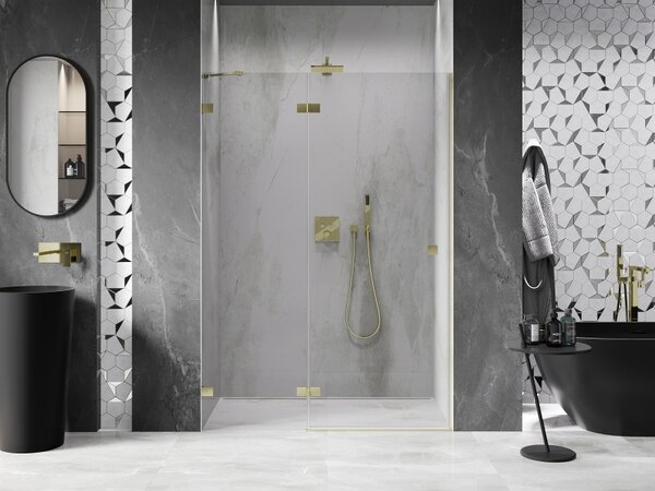 Mexen, Mexen Lunar ľavé výklopné sprchové dvere 130 cm, transparentné, brúsené zlaté - 834-130-000-55-00-L
