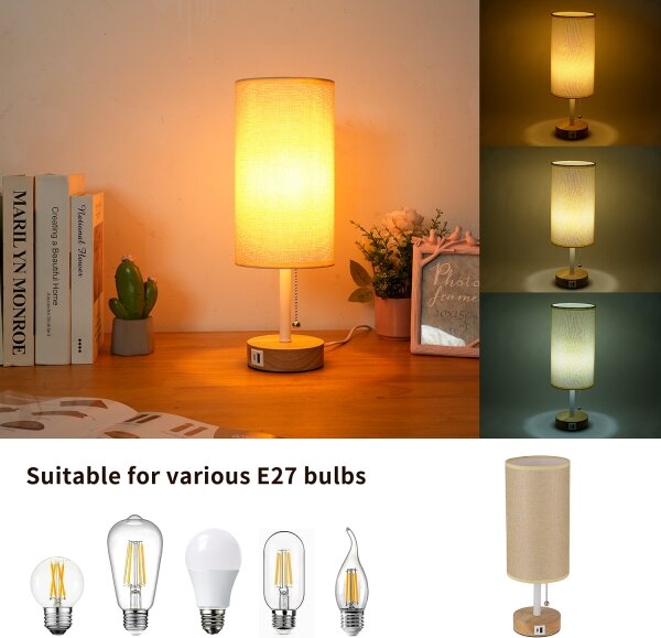 Brilagi - Stolná lampa s USB portom TABLON 1xE27/25W/230V dubová/biela/béžová