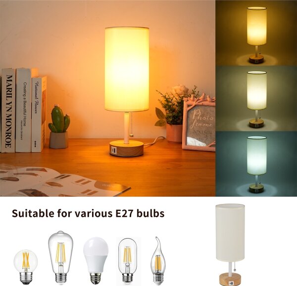 Brilagi - Stolová lampa s USB portom TABLON 1xE27/25W/230V dub/biela/krémová