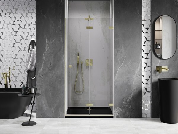 Mexen, Mexen Lunar-F pravé sklápacie sprchové dvere 65 cm, transparentné, brúsené zlato - 836-065-000-55-00-P