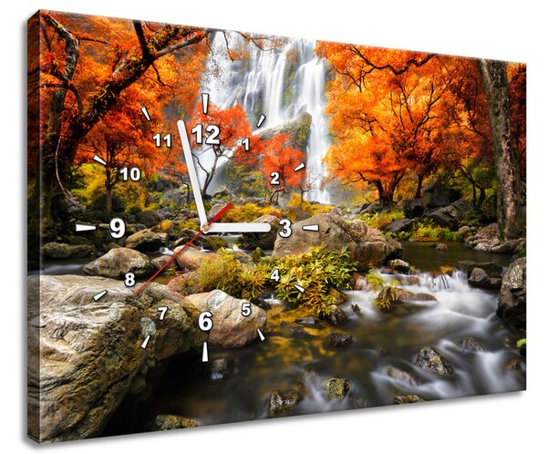 Obraz s hodinami Jesenný vodopád Rozmery: 60 x 40 cm