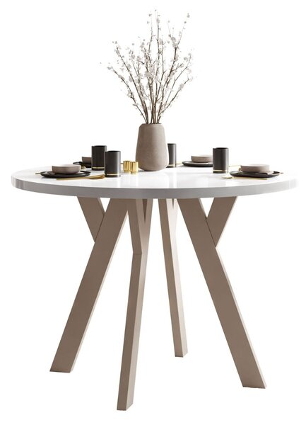 OKRÚHLY ROZKLADACÍ JEDÁLENSKÝ STÔL EWALD BIELY LESK + KAŠMÍR NOHY 100/140 cm