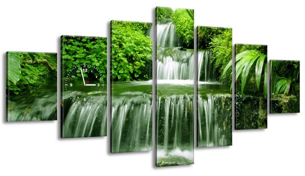 Obraz s hodinami Vodopád v dažďovom pralese - 7 dielny Rozmery: 210 x 100 cm