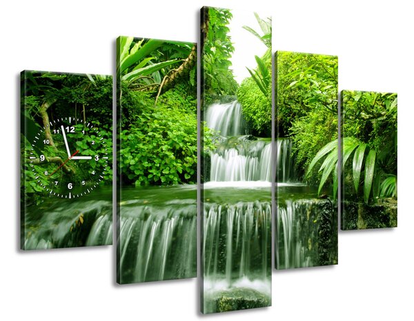 Obraz s hodinami Vodopád v dažďovom pralese - 5 dielny Rozmery: 150 x 105 cm
