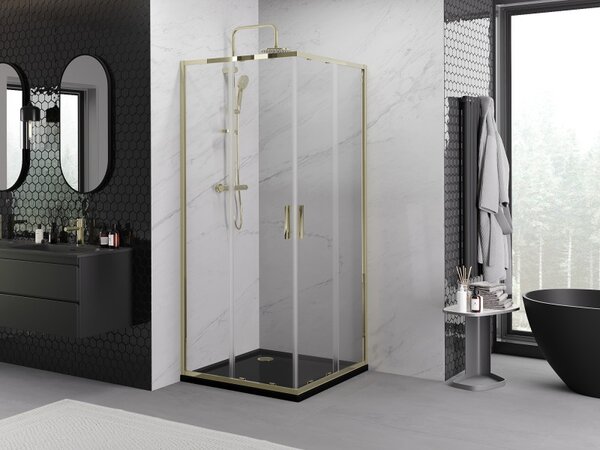 Mexen Exo, posuvný štvorcový sprchový kút 90 x 90 cm, číre sklo, zlatá, 8111-090-090-50-00