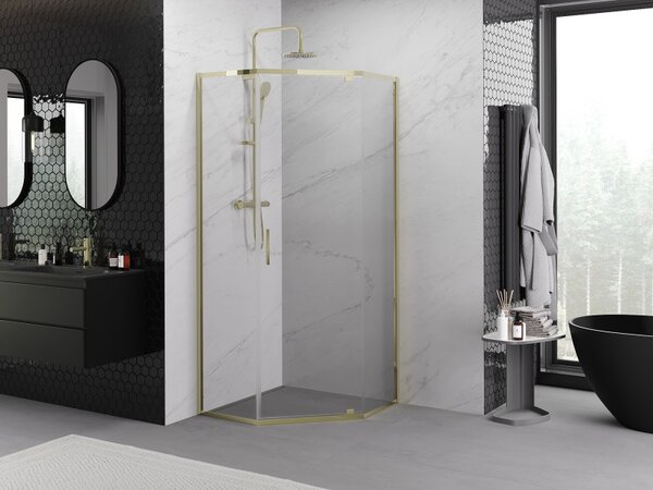 Mexen Exo, päťuholníkový výklopný sprchový kút 80 x 80 cm, číre sklo, zlatá, 812-080-080-50-00