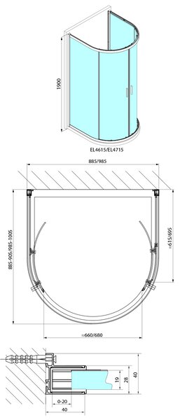 Polysan Polysan, EASY polkruhová sprchová zástena 900x900mm, číre sklo, EL4615