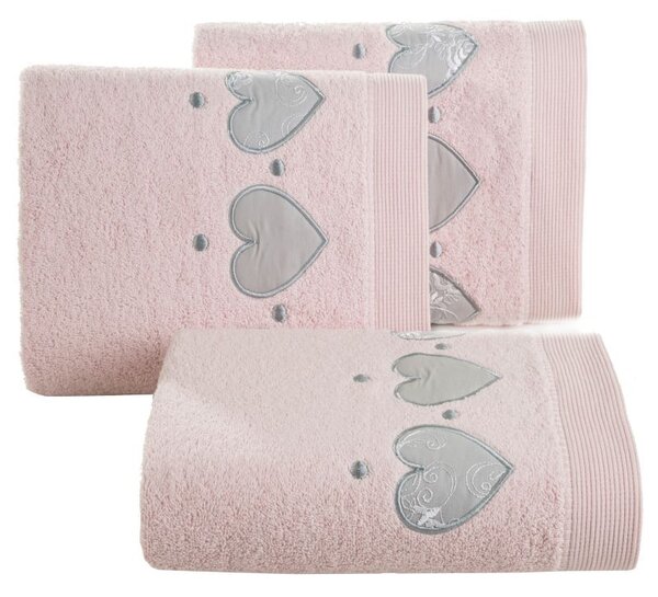 Ružový uterák AGA s aplikáciou so srdiečkami a výšivkou 50x90 cm