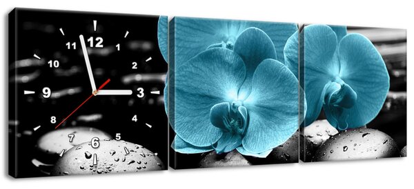 Gario 3 dielny obraz s hodinami Tyrkysová orchidea a kamene Veľkosť: 90 x 30 cm