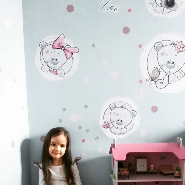 INSPIO-textilná prelepiteľná nálepka - Nálepky na stenu - Medvede s menom v ružovom