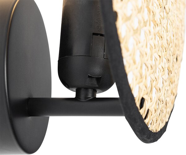 Rustikálna nástenná lampa čierna s ratanom 25 cm - Kata