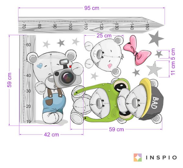INSPIO-textilná prelepiteľná nálepka - Nálepka Meter do detskej izby - Medvede II