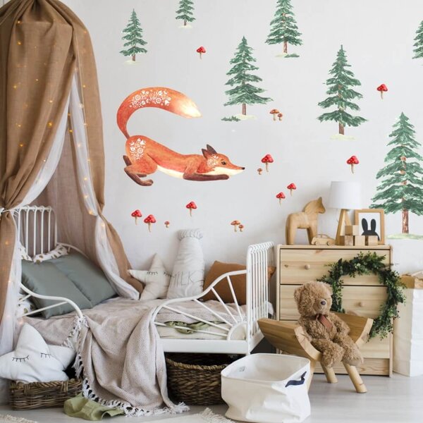 INSPIO-textilná prelepiteľná nálepka - Nálepka na stenu - Folk líška a stromy