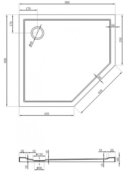 Mexen Flow, päťuholníková sprchová vanička slim ľavá 90 x 80 cm, čierna matná - 46P708090L
