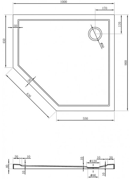 Mexen Flow Slim, pravostranná päťuholníková sprchová vanička slim 100 x 90 cm, biela lesklá, 46P109010R