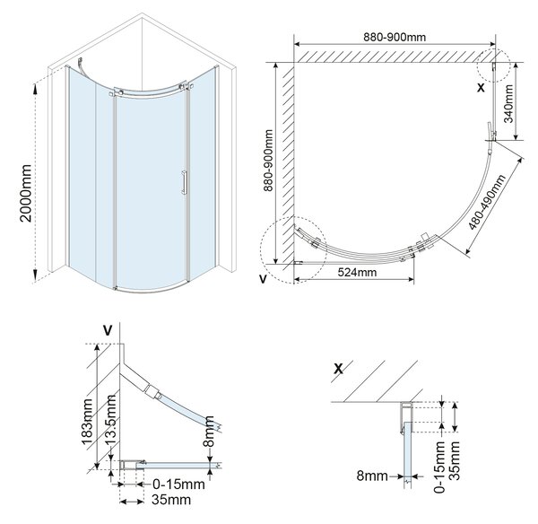 Polysan Polysan, THRON SQUARE štvrťkruhová sprchová zástena 900x900mm, číre sklo, ľavá, TL2690-5002