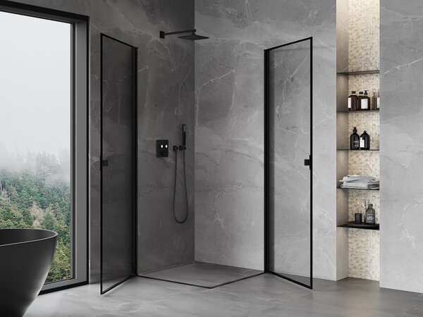 Mexen Mist-B Duo, 2-krídlový výklopný sprchový kút 70 x 70 cm, číre sklo-čierny rám, 8A2-070L-070P-70-70