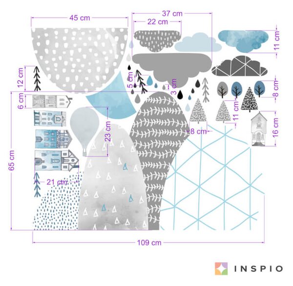 INSPIO-textilná prelepiteľná nálepka - Modré nálepky na stenu kopcov a domčekov