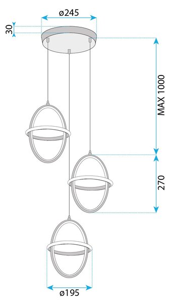 Toolight Toolight, LED závesné svietidlo 3x 20x28cm, 60W, 4000K, 4200lm, G064-3CPR, zlatá lesklá, OSW-08696