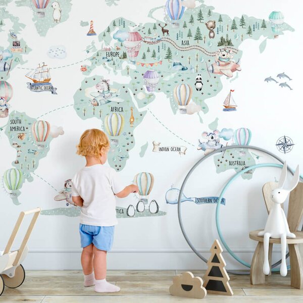 Detská textilná nálepka - cestovateľská mapa sveta s balónmi a zvieratkami - 90 x 130 cm